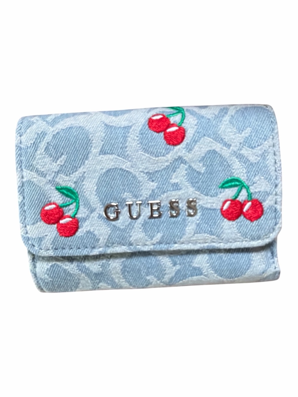 Guess Celestia SLG Denim Blue Cherry Tri-Fold Small Logo Wallet